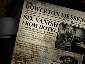 Dobové noviny se zprávami o podivném případu zmizení v hotelu.